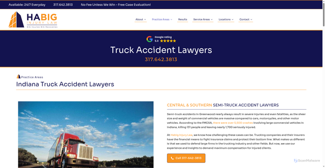 Security scan screenshot of https://habiginjurylaw.com/practice-area/semi-truck-accident-attorney-in-greewood/