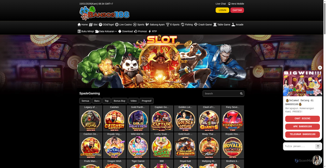 Security scan screenshot of https://ndxbansos188.com/desktop/game/slot/spadegaming