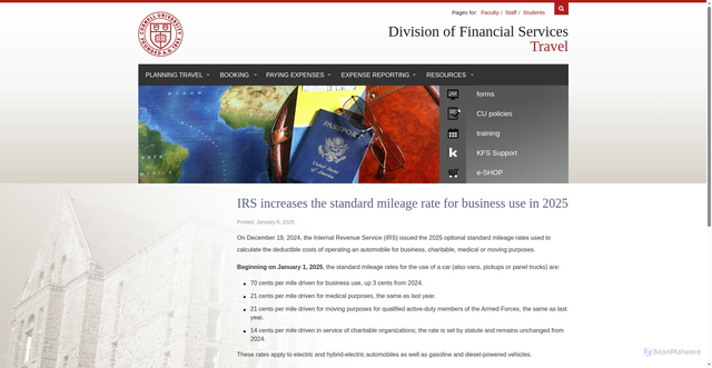 Security scan screenshot of https://finance.cornell.edu/travel/news/irs-increases-standard-mileage-rate-business-use-2025