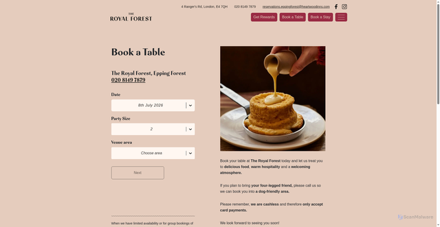 Security scan screenshot of https://royalforesteppingforest.com/book-a-table/?utm_campaign=4714-4704-HWI%20Guest%20Survey%202026&utm_source=Atreemo&utm_medium=email&utm_content=v1-win-voucher&utm_term=