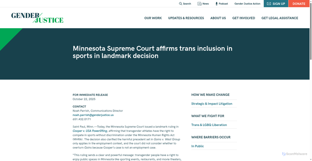 Security scan screenshot of https://www.genderjustice.us/minnesota-supreme-court-affirms-trans-inclusion-in-sports/