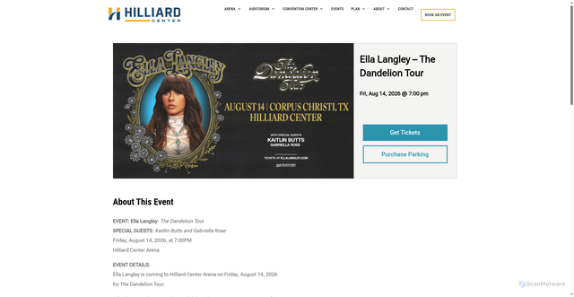 Security scan screenshot of https://www.hilliardcenter.com/event/ella-langley-the-dandelion-tour/