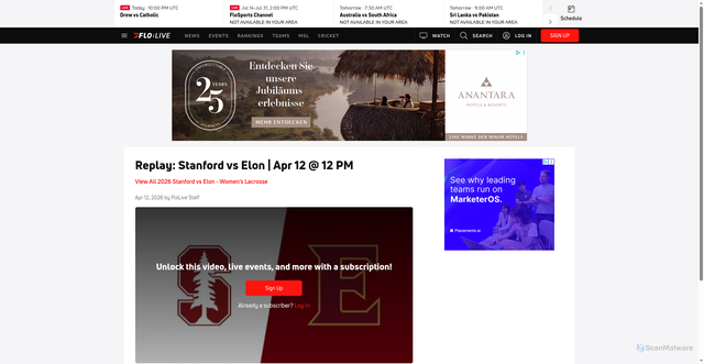 Security scan screenshot of https://www.flolive.tv/video/15782089-replay-stanford-vs-elon-apr-12-12-pm