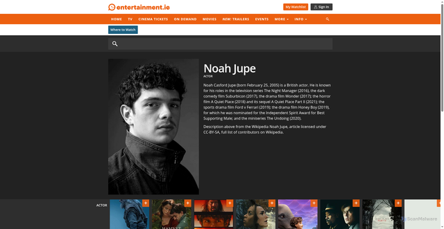 Security scan screenshot of https://www2-direct.entertainment.ie/person/noah-jupe
