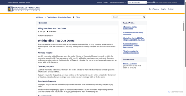 Security scan screenshot of https://services.marylandcomptroller.gov/taxes?id=kb_article_view&sysparm_article=KB0010037