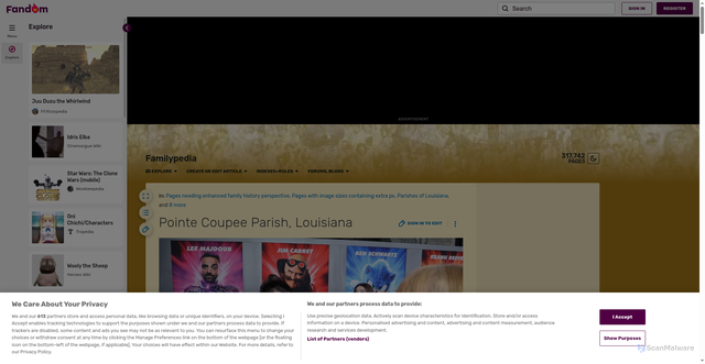 Security scan screenshot of https://familypedia.fandom.com/wiki/Pointe_Coupee_Parish,_Louisiana