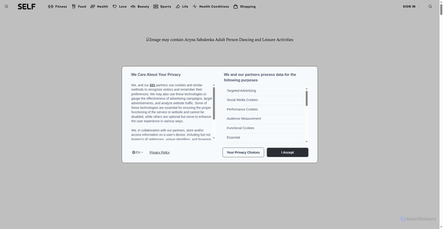 Security scan screenshot of https://www.self.com/story/aryna-sabalenka-cover-interview