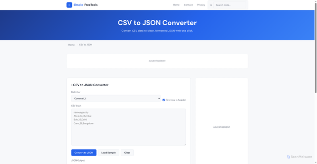Security scan screenshot of https://simplefreetoolsonline.com/pages/csv-to-json.html