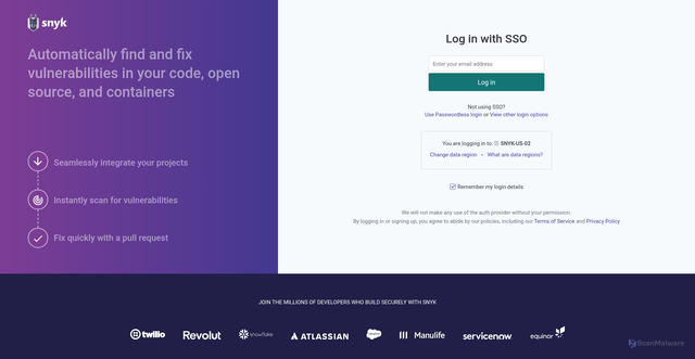 Security scan screenshot of https://app.us.snyk.io