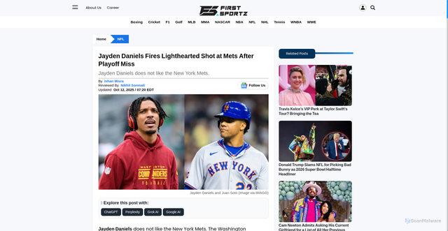 Security scan screenshot of https://firstsportz.com/jayden-daniels-lighthearted-shot-mets-playoff-miss/