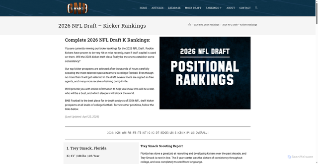 Security scan screenshot of https://bnbfootball.com/2026-nfl-draft/kicker-rankings/