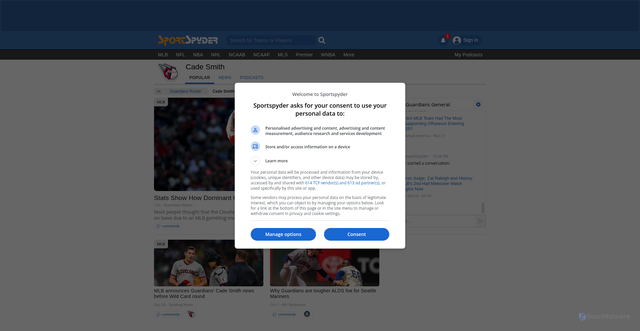 Security scan screenshot of https://sportspyder.com/players/70113-cade-smith