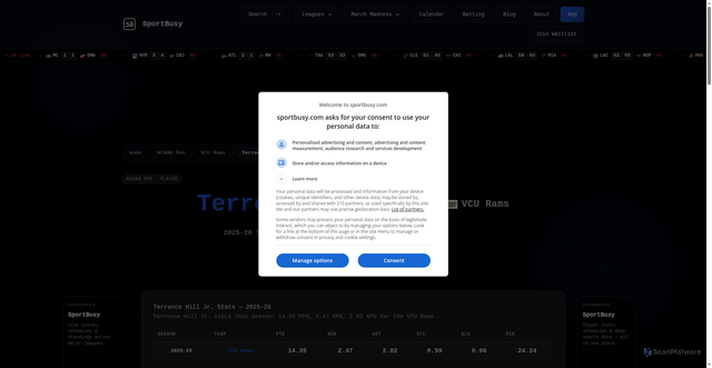 Security scan screenshot of https://www.sportbusy.com/players/ncaab-men/2296820/