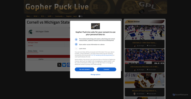 Security scan screenshot of https://gopherpucklive.com/event/cornell-vs-michigan-state/
