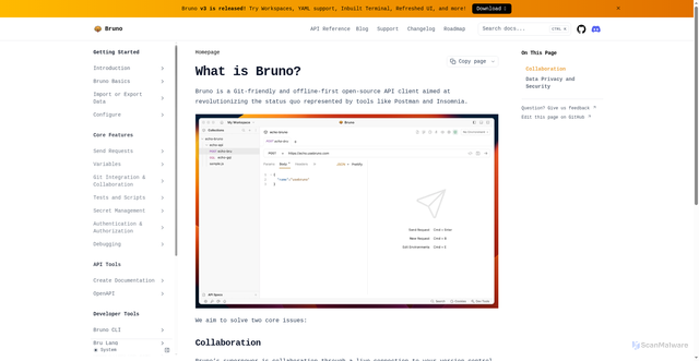 Security scan screenshot of https://docs.usebruno.com