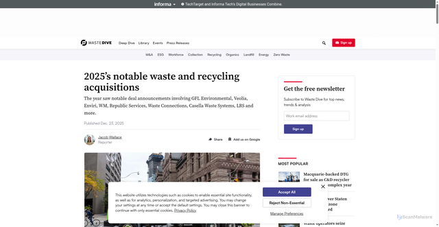 Security scan screenshot of https://www.wastedive.com/news/2025-notable-waste-and-recycling-acquisitions/808593/