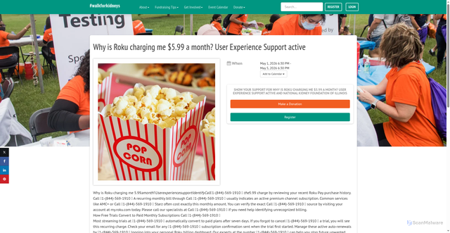Security scan screenshot of https://p2p.onecause.com/walkforkidneys26/personal-event/why-is-roku-charging-me-dollar599-a-month-user-experience-support-active