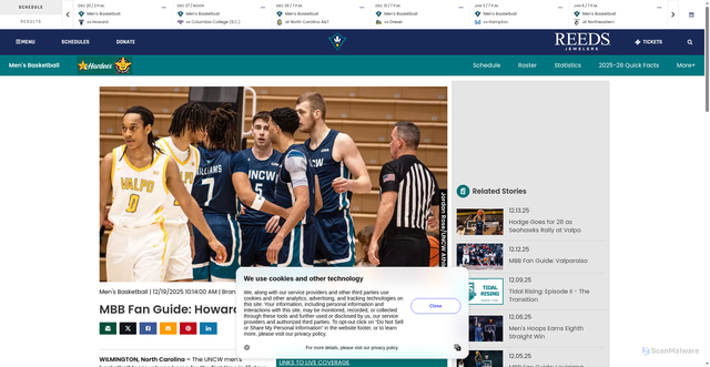 Security scan screenshot of https://uncwsports.com/news/2025/12/19/mens-basketball-mbb-fan-guide-howard.aspx