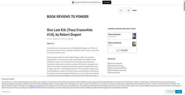 Security scan screenshot of https://pecheyponderings.wordpress.com/2023/09/13/one-last-kill-tracy-crosswhite-10-by-robert-dugoni/