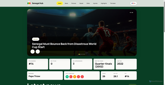 Security scan screenshot of https://senegalfootballnews.com/en