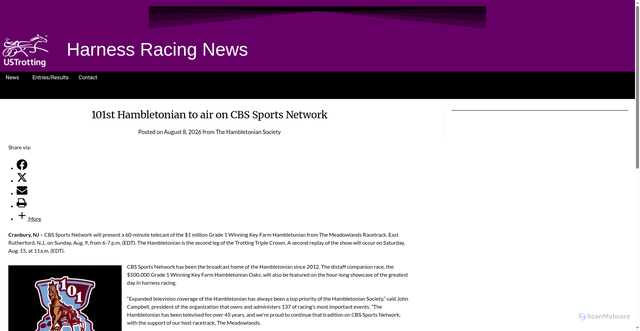 Security scan screenshot of https://ustrottingnews.com/101st-hambletonian-to-air-on-cbs-sports-network/