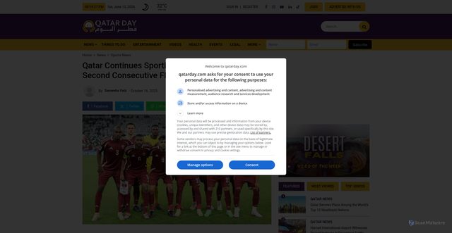 Security scan screenshot of https://qatarday.com/qatar%20continues%20sporting%20accolades%20with%20historic%20second%20consecutive%20fifa%20world%20cup%20participation