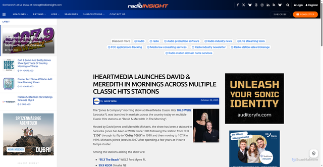 Security scan screenshot of https://radioinsight.com/headlines/314249/iheartmedia-launches-david-meredith-in-mornings-across-multiple-classic-hits-stations/