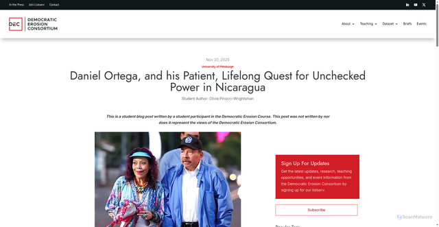 Security scan screenshot of https://democratic-erosion.org/2025/11/20/daniel-ortega-and-his-patient-lifelong-quest-for-unchecked-power-in-nicaragua/