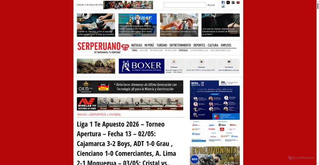 Security scan screenshot of https://serperuano.com/2026/04/fixture-liga-1-2026-todos-los-partidos-de-los-18-equipos-que-jugaran-el-torneo-apertura-y-clausura/