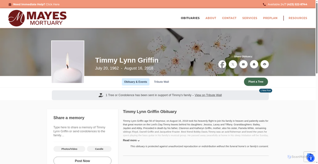 Security scan screenshot of https://www.mayesmortuary.com/obituaries/Timmy-Lynn-Griffin?obId=42279101