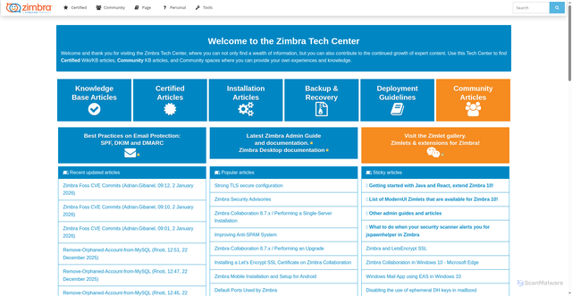 Security scan screenshot of https://wiki.zimbra.com/wiki/Main_Page
