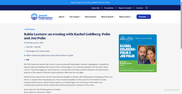 Security scan screenshot of https://www.shalomdc.org/event/rabin-lecture-an-evening-with-rachel-goldberg-polin-and-jon-polin/