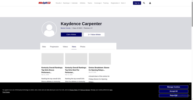 Security scan screenshot of https://ky.milesplit.com/athletes/17315159-kaydence-carpenter/articles