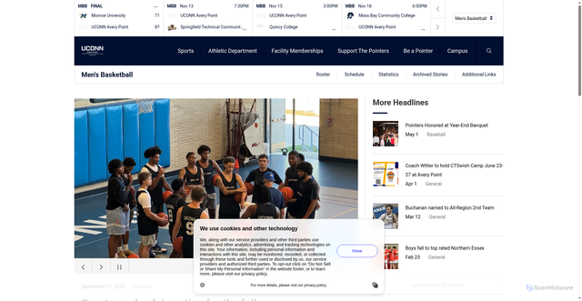 Security scan screenshot of https://uconnaverypointathletics.com/sports/mens-basketball