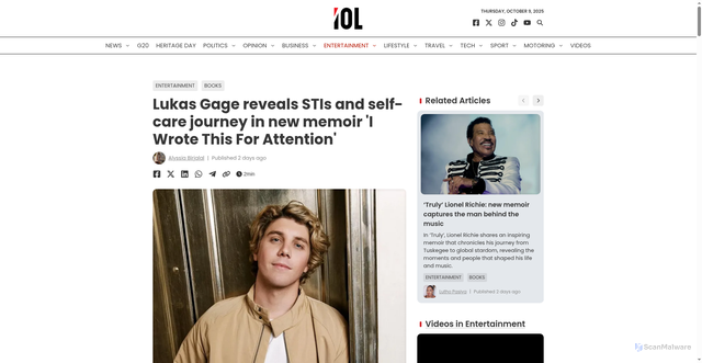 Security scan screenshot of https://iol.co.za/entertainment/books/2025-10-07-lukas-gage-reveals-stis-and-self-care-journey-in-new-memoir-i-wrote-this-for-attention/