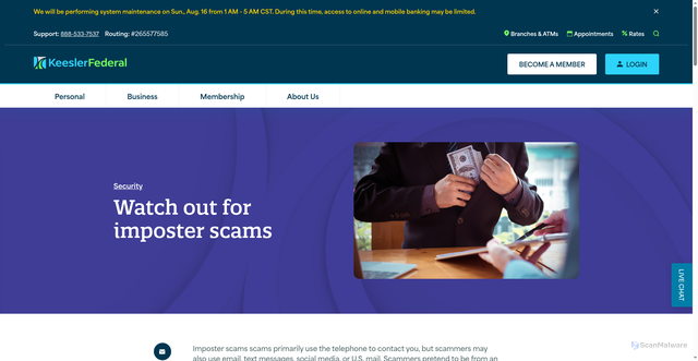 Security scan screenshot of https://www.kfcu.org/resources/advice/watch-out-for-imposter-scams