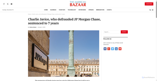 Security scan screenshot of https://americanbazaaronline.com/2025/10/01/charlie-javice-who-defrauded-jpmorgan-chase-sentenced-7-years-468285/