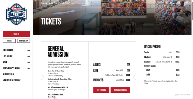Security scan screenshot of https://www.cfbhall.com/visit/tickets/