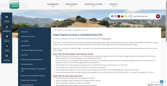 Security scan screenshot of https://www.cityoforinda.gov/477/PGE-Power-Outage-Conservation-Tips