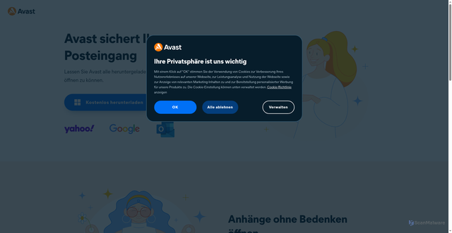 Security scan screenshot of https://www.avast.com/de-de/lp-safe-emailing?full_trSrc=mmm_ava_esg_000_361_m&utm_medium=email&utm_source=link&utm_campaign=sig-email&utm_content=webmail