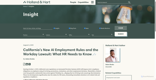 Security scan screenshot of https://www.hollandhart.com/californias-new-ai-employment-rules-and-the-workday-lawsuit-what-hr-needs-to-know