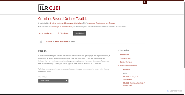 Security scan screenshot of https://cjei.cornell.edu/legal-rights/criminal-record-remedies/pardon