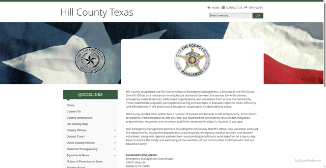 Security scan screenshot of https://www.co.hill.tx.us/page/hill.Emergency