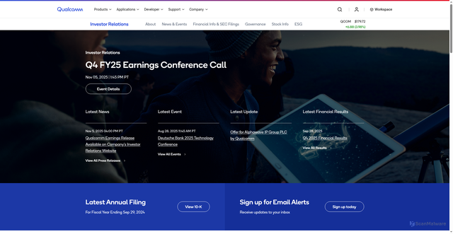 Security scan screenshot of https://investor.qualcomm.com/overview/default.aspx