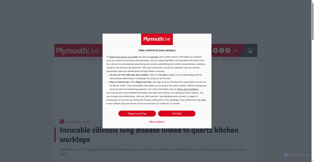 Security scan screenshot of https://www.plymouthherald.co.uk/special-features/incurable-silicosis-lung-disease-linked-9475655