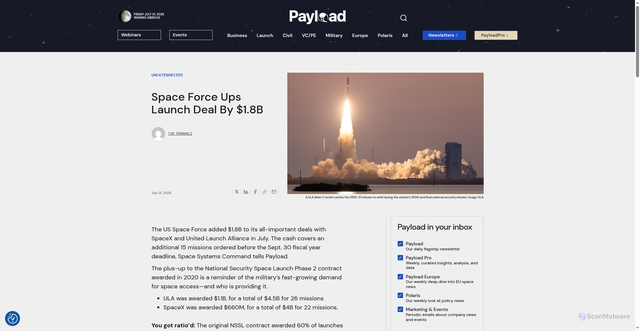 Security scan screenshot of https://payloadspace.com/space-force-ups-launch-deal-by-1-8b/
