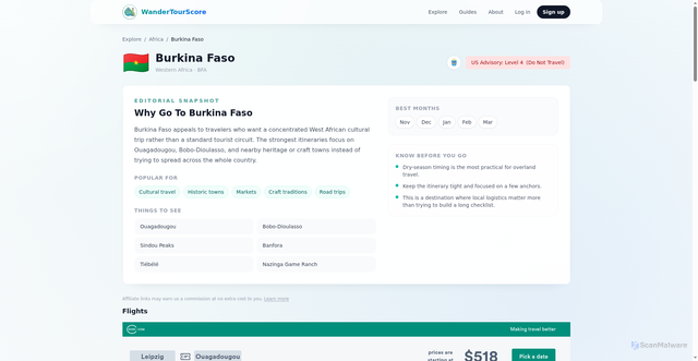 Security scan screenshot of https://wandertourscore.com/country/burkina-faso