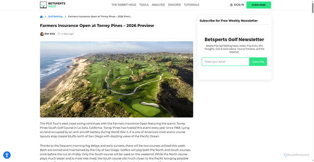 Security scan screenshot of https://www.betspertsgolf.com/golf-betting/farmers-insurance-open-at-torrey-pines-2026-preview