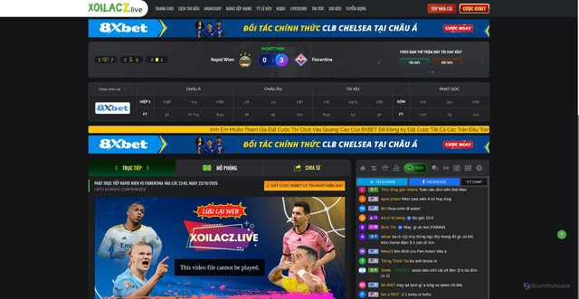 Security scan screenshot of https://prismafinance.com/truc-tiep/rapid-wien-vs-fiorentina-luc-2345-ngay-23-10-2025/link/0/