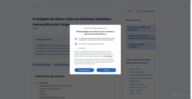 Security scan screenshot of https://www.embassypages.com/reinounido-embajada-kinshasa-congorepublicademocratica
